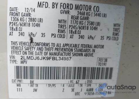 2015 Lincoln Mkx from USA, damaged, VIN 2LMDJ6JK9FBL34987